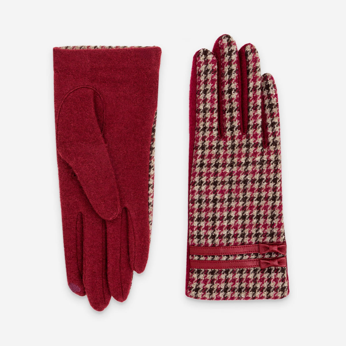 Gants femme en laine écossais non doublés tactiles, Bordeaux – 31192NF