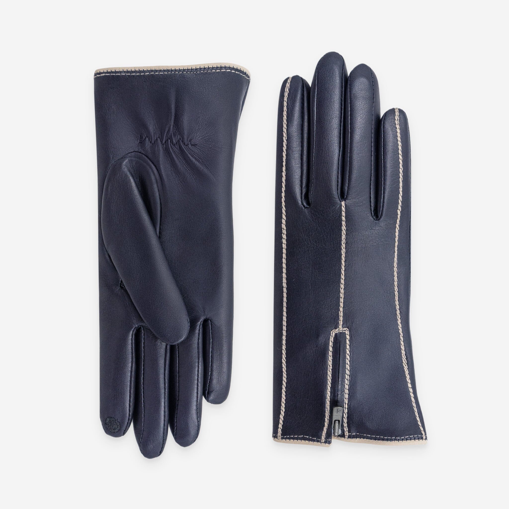 Gants cuir agneau-100% soie-21622SN Gants cuir femme prestige Glove Story Deep Blue-Beige 6.5