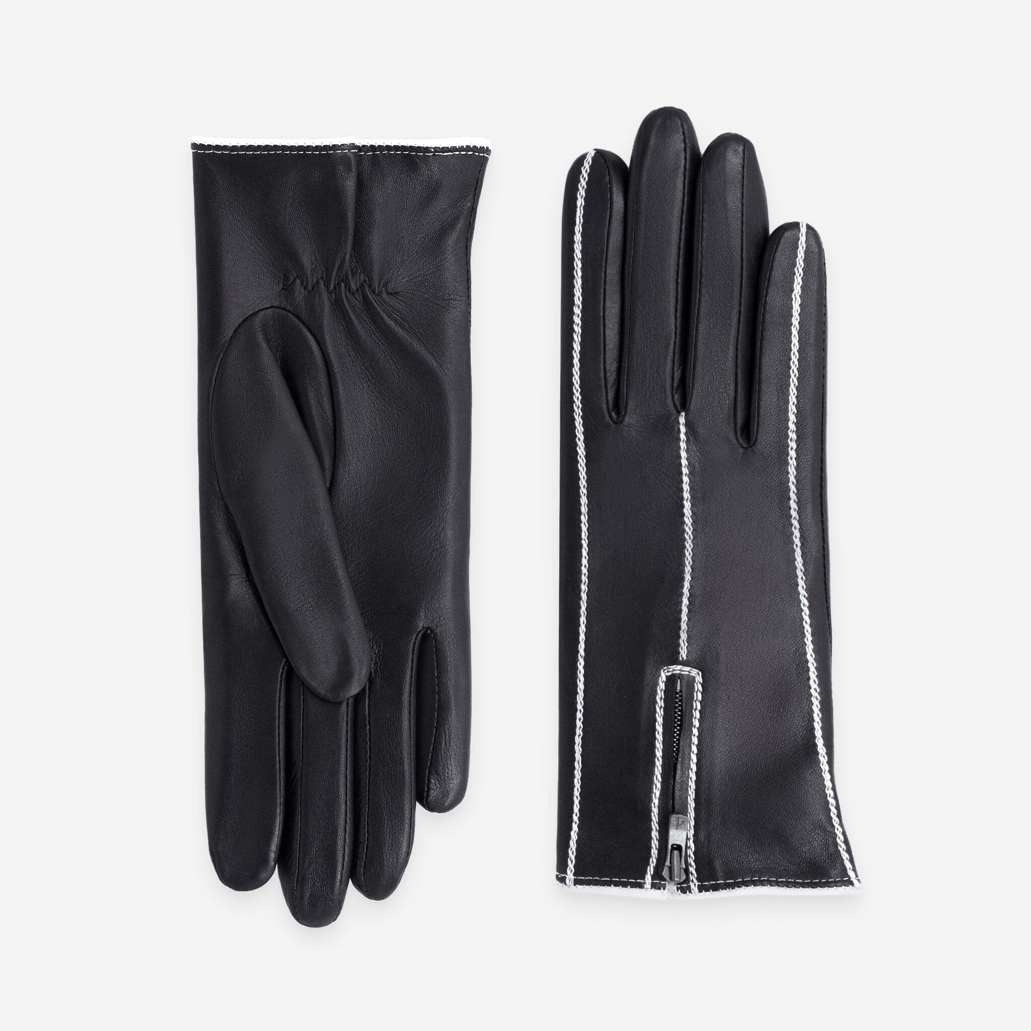 Gants cuir agneau-100% soie-21622SN Gants cuir femme prestige Glove Story Noir-Blanc 6.5