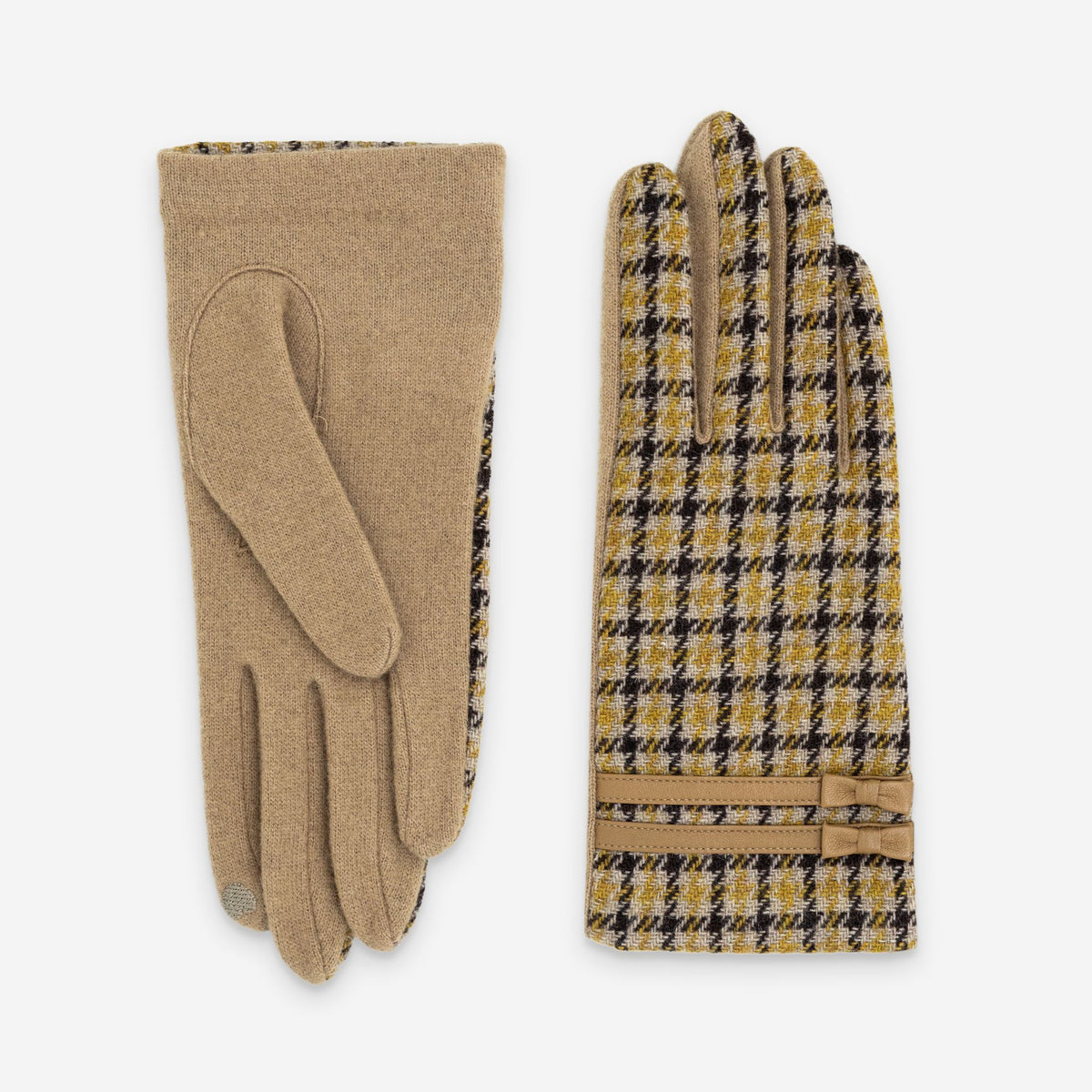 Gants femme en laine écossais non doublés tactiles, Camel – 31192NF