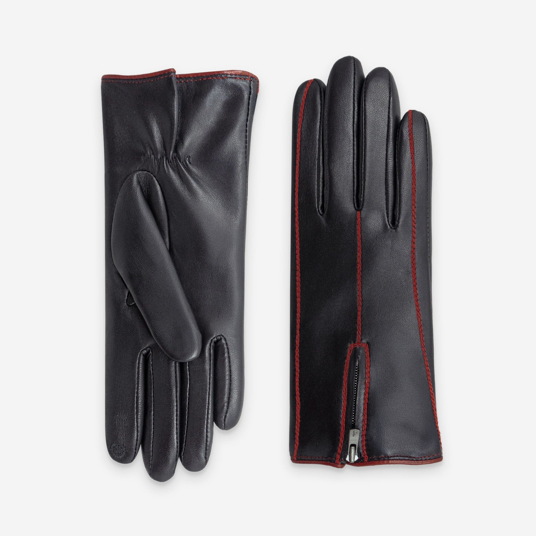 Gants cuir agneau-100% soie-21622SN Gants cuir femme prestige Glove Story Noir-Rouge 6.5 