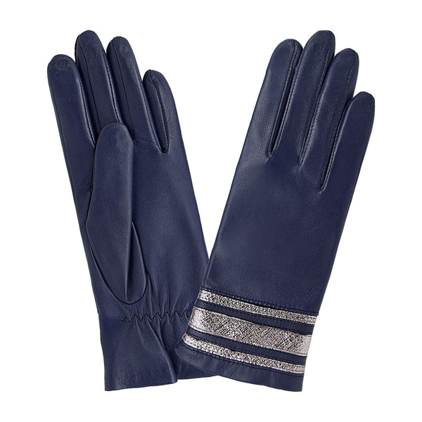 Cuir prestige femme avec bandes brillantes / TACTILE Gant Glove Story Indigo 6.5 Cuir d'agneau - 100% Soie - Touch