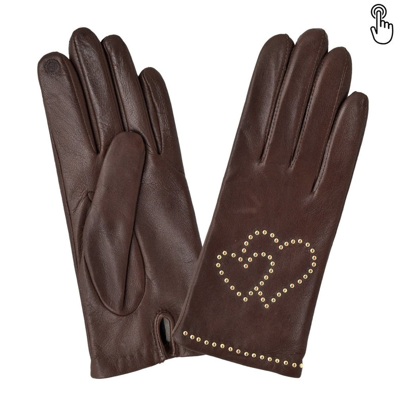 Cuir prestige femme studs en forme de coeur - TACTILE Gant Glove Story Cork 6.5 Cuir d'agneau - 100% Soie