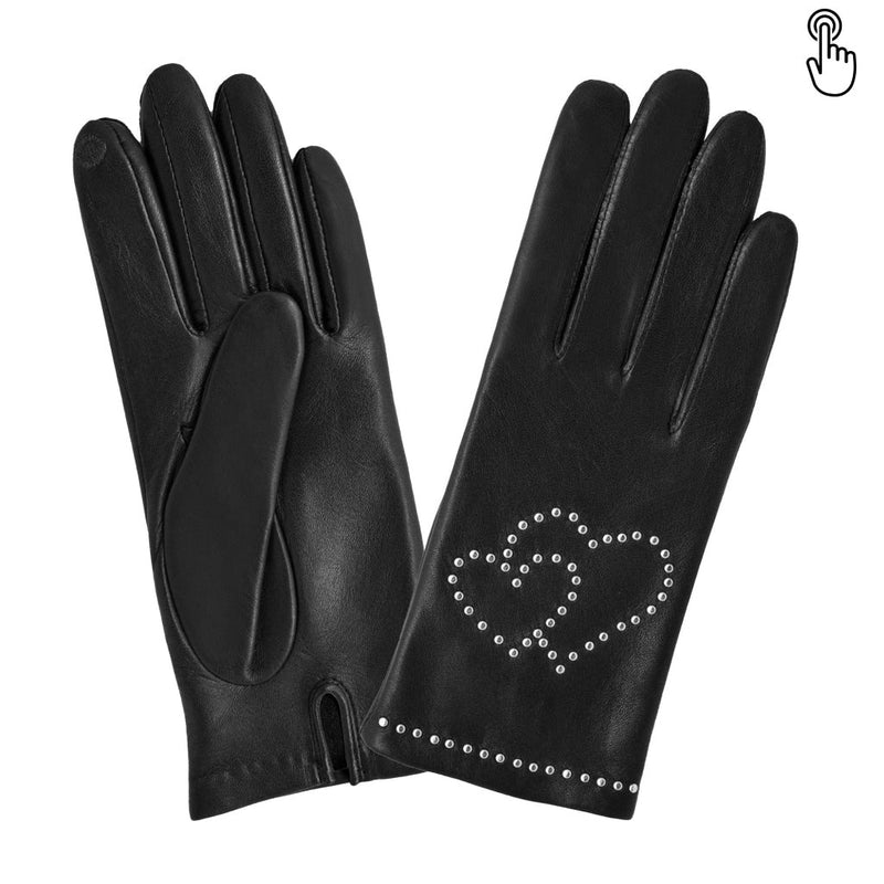 Cuir prestige femme studs en forme de coeur - TACTILE Gant Glove Story Noir 6.5 Cuir d'agneau - 100% Soie